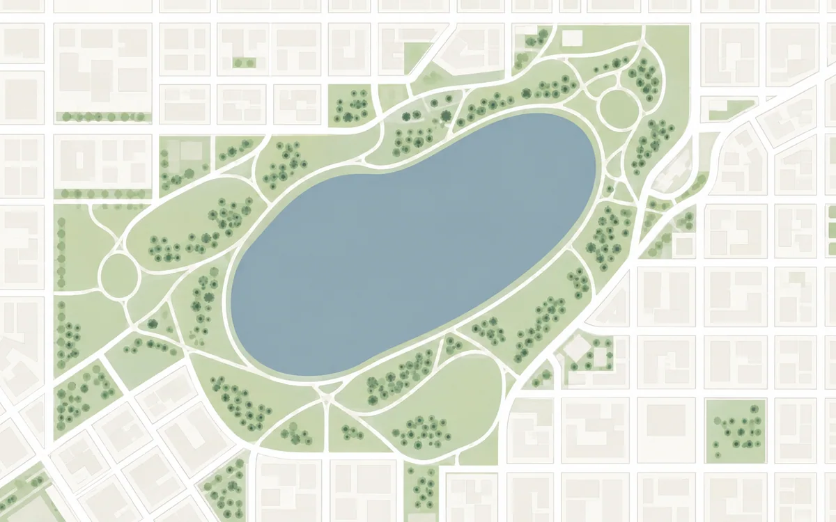 Map of a lake surrounded by park paths